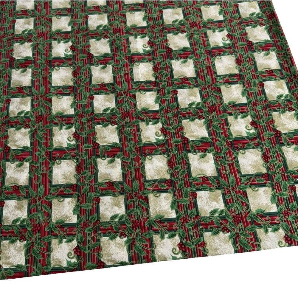 Vtg 1995 CHRISTMAS HolIy Ivy Trellis Windowpane Cotton Quilt Fabric Design Club